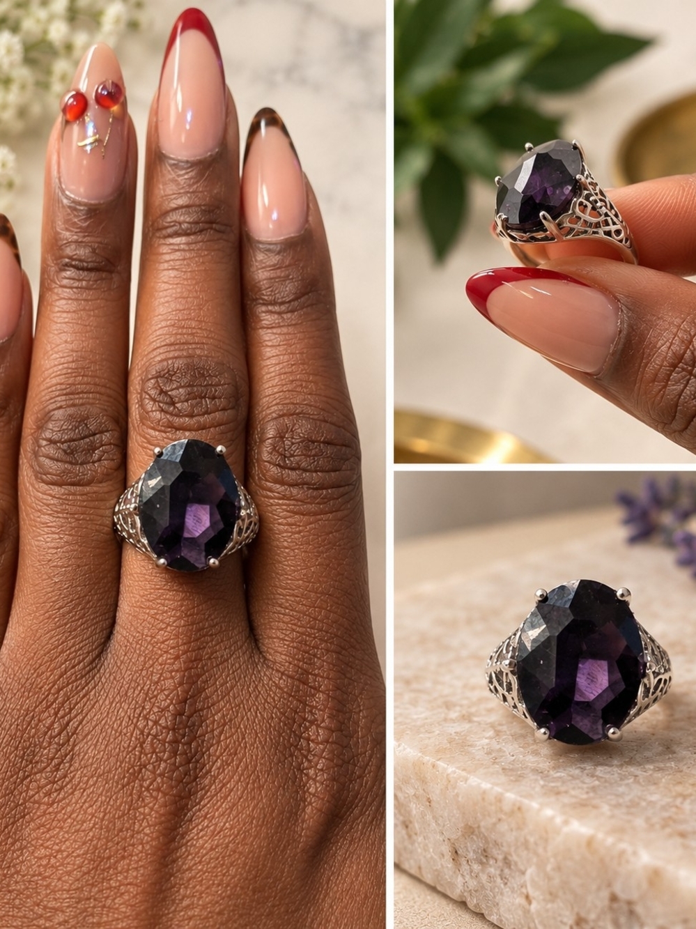 Sterling Silver Filigree Ring with Deep Purple Gemstone
